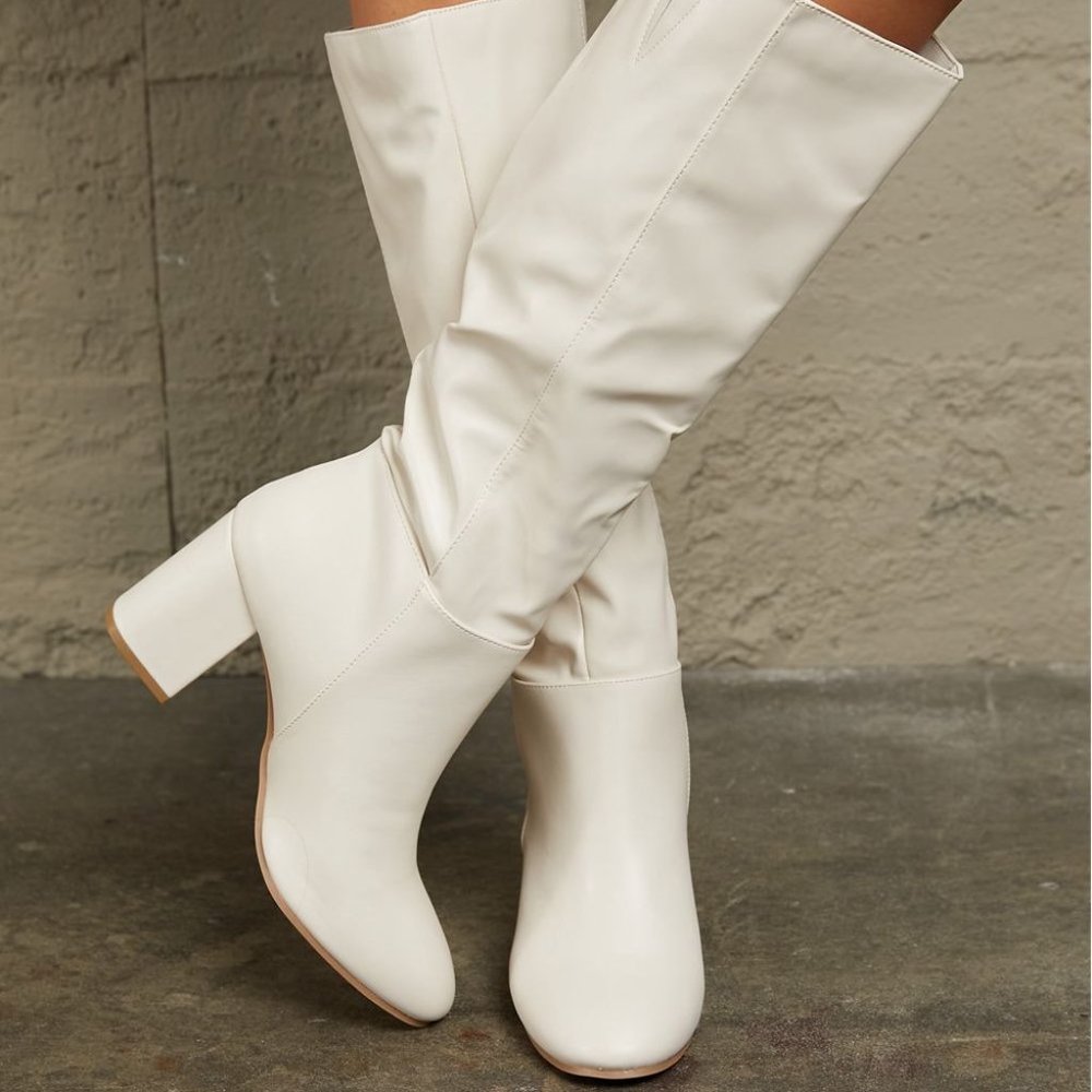 Block Heel Knee High Boots in White - Picture 3 of 5